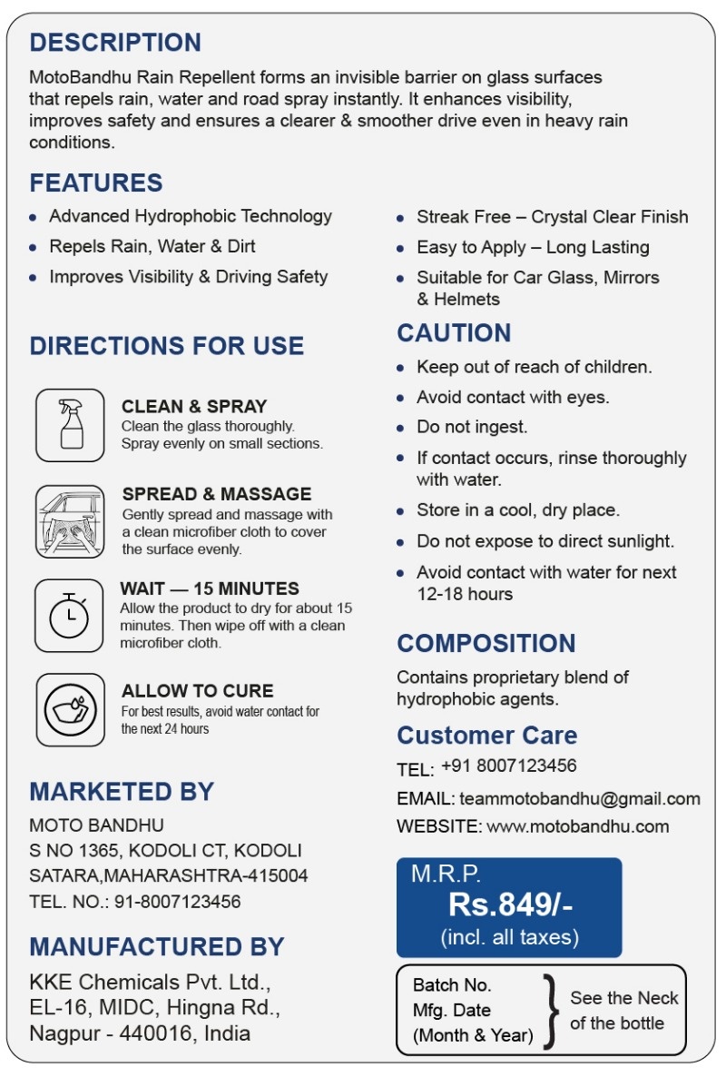MotoBandhu Rain Repellent Directions & Specifications